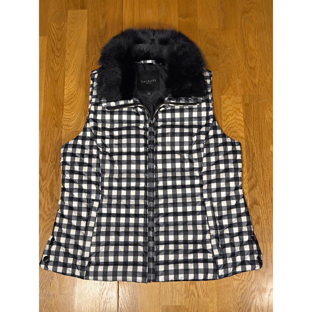 Talbots Petites LP Black White Gingham Down Puffer Vest Faux Fur Collar
